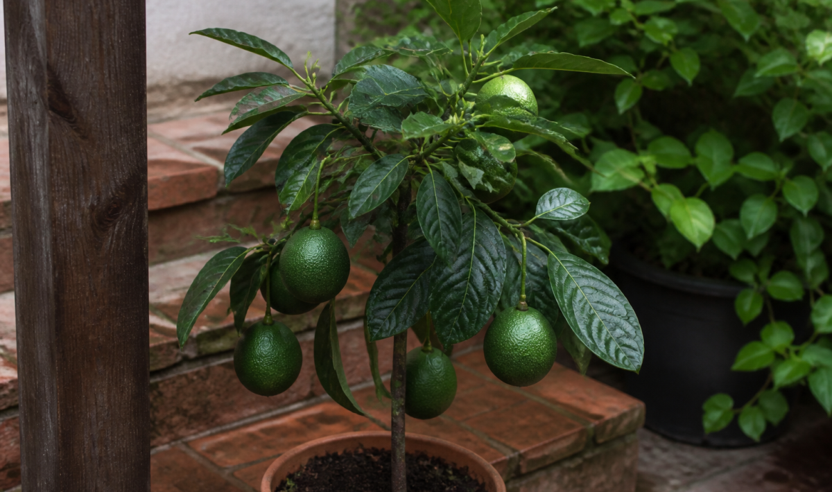 Jeune avocatier en pot avec fruits verts pendant croissance