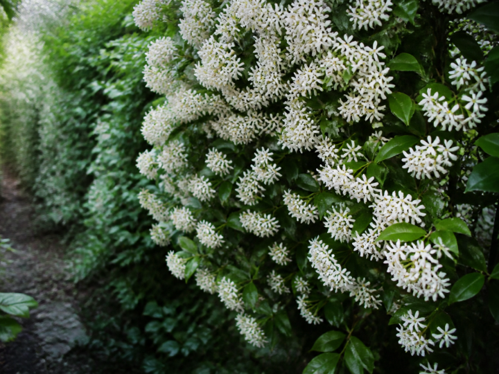 Buisson aux petites fleurs blanches densement groupees degageant forte odeur