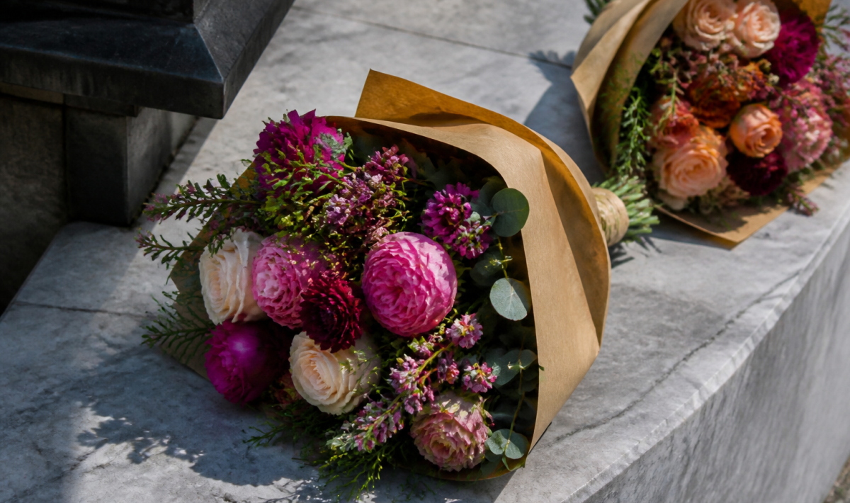 Bouquets colores poses sur marbre gris en hiver