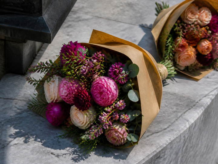 Bouquets colores poses sur marbre gris en hiver