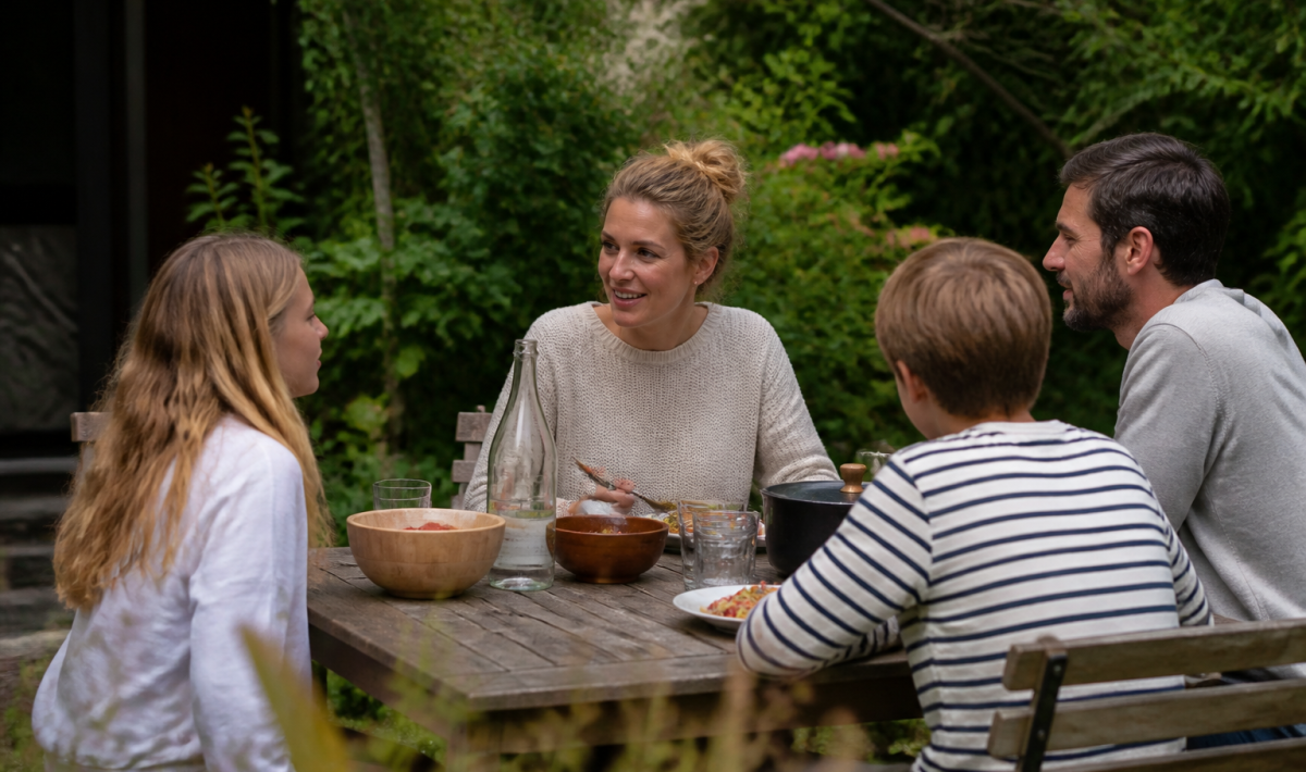 Famille assise autour table bois dans jardin verdoyant