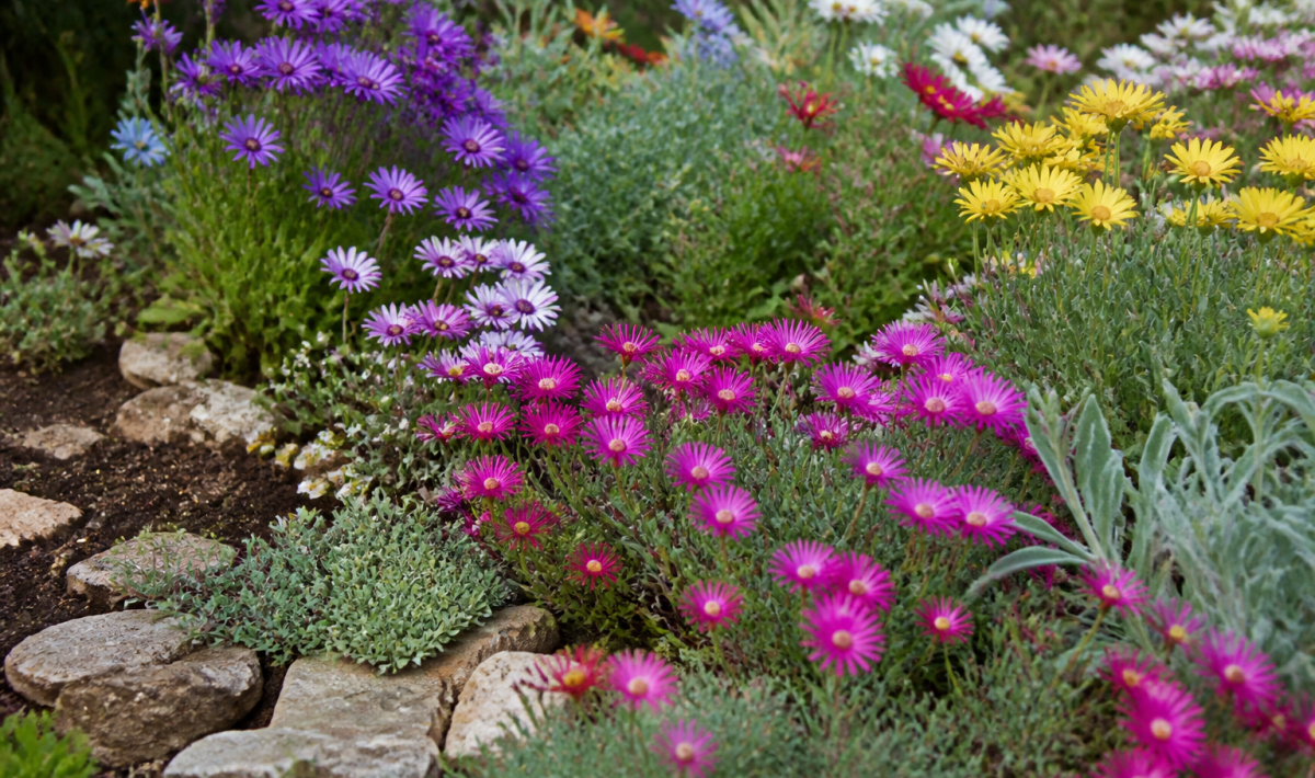 Parterre de fleurs colorees s'epanouissant sur sol terrestre toute saison