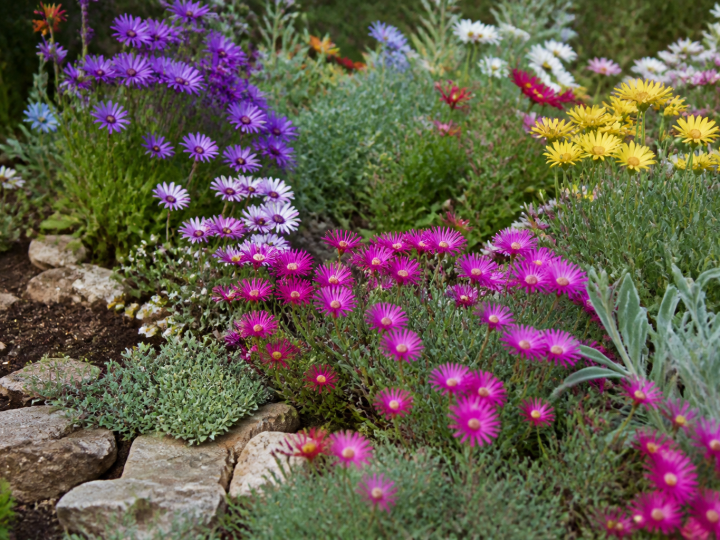 Parterre de fleurs colorees s'epanouissant sur sol terrestre toute saison