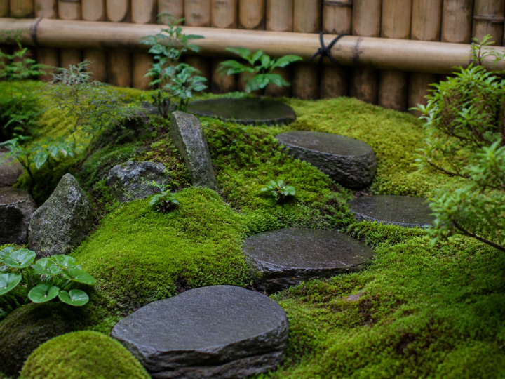 miniature jardin japonais avec mousse verte et pierres plates