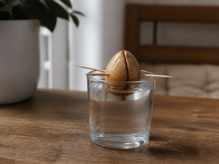 Noyau avocat suspendu toothpicks dans verre eau claire