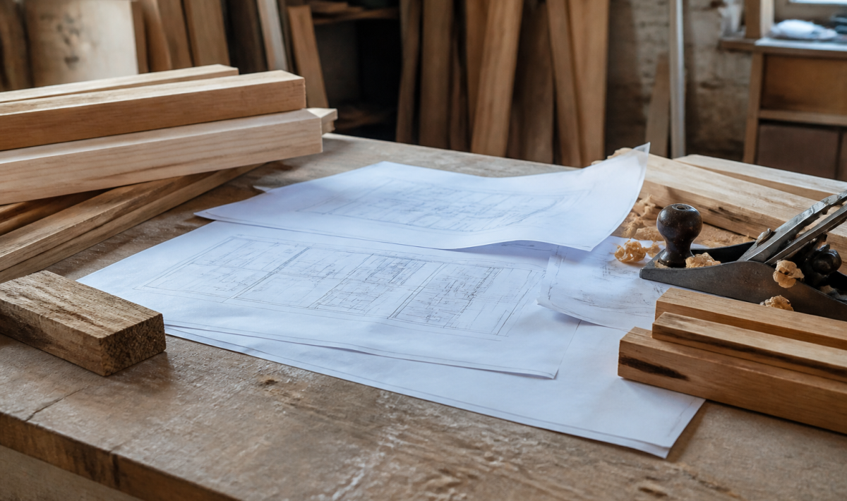 Plans de construction etales sur etabli avec outils et materiaux bois