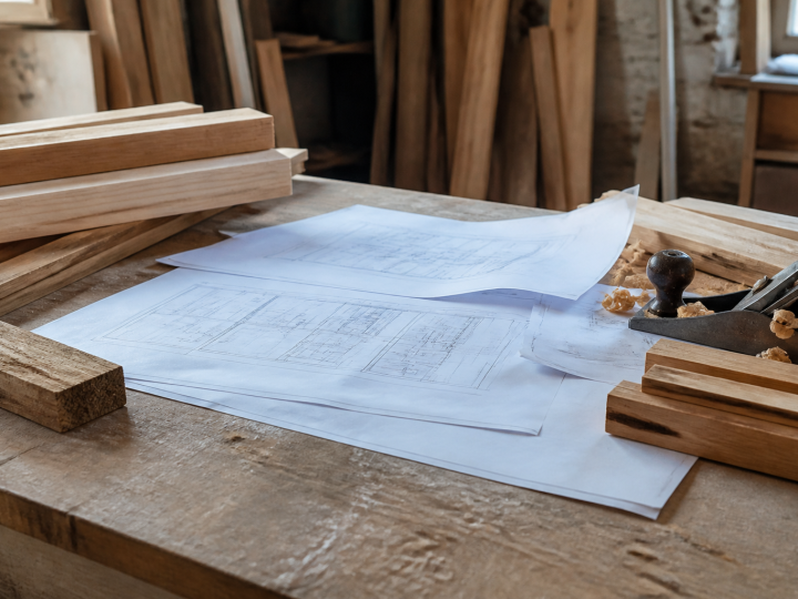 Plans de construction etales sur etabli avec outils et materiaux bois