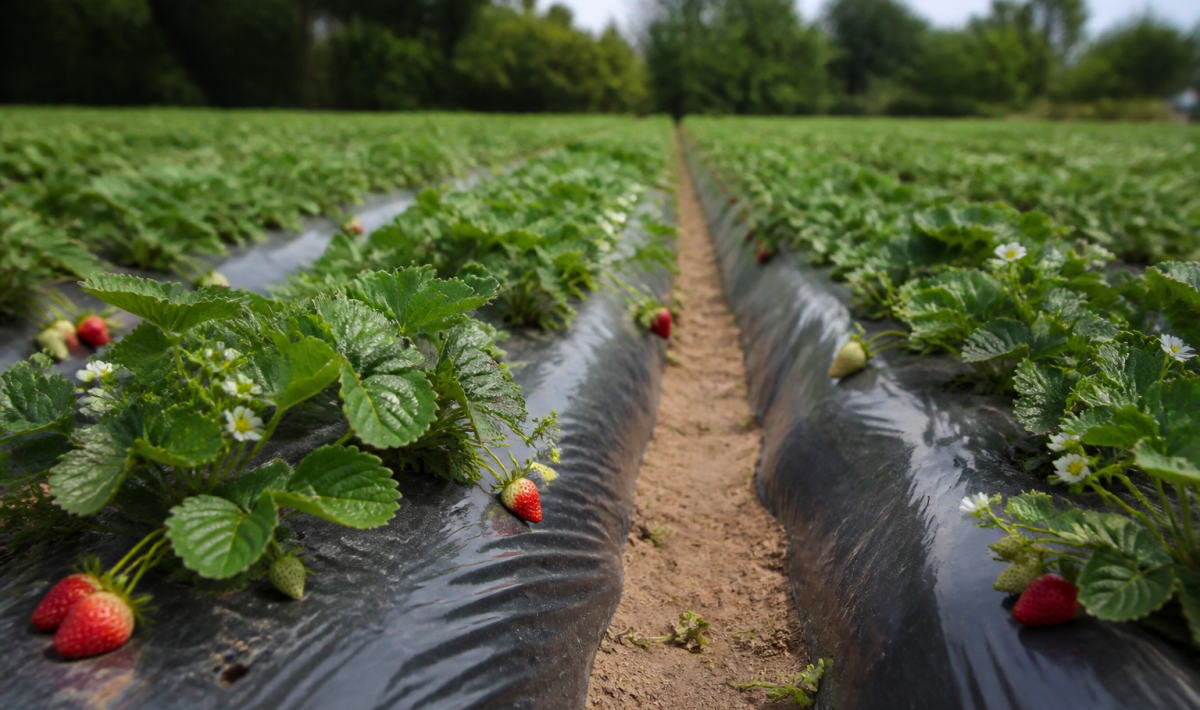 Rangees de plants de fraises alignes sous film plastique noir