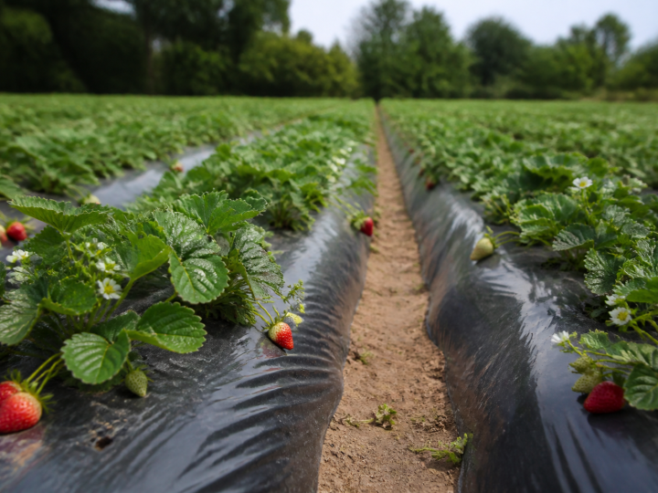 Rangees de plants de fraises alignes sous film plastique noir