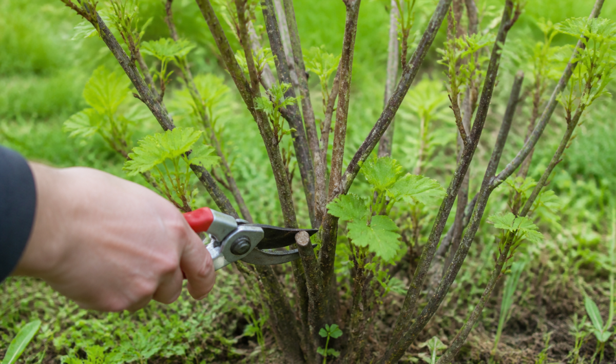 Secateur coupant branches epaisses cassissier en croissance
