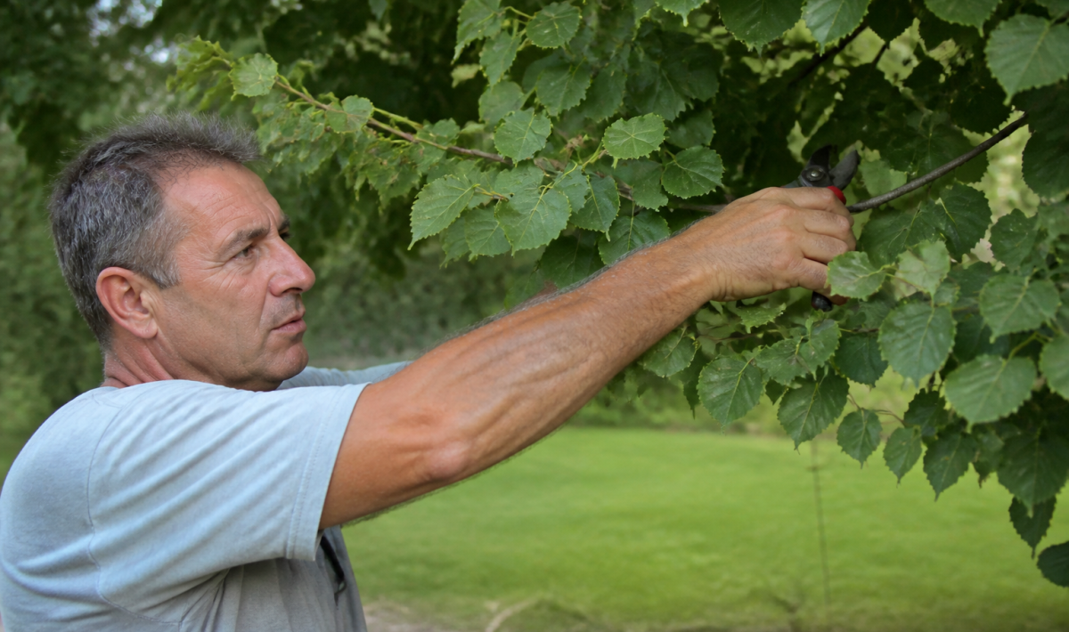Jardinier coupe branches tilleul avec secateur a hauteur epaule