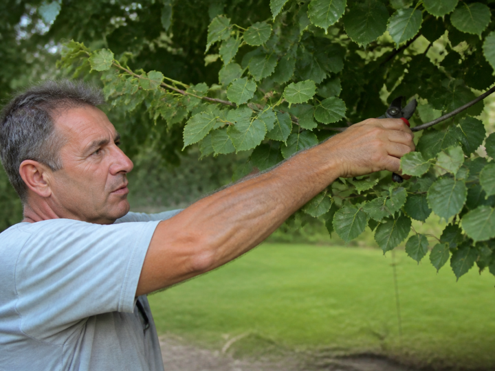 Jardinier coupe branches tilleul avec secateur a hauteur epaule