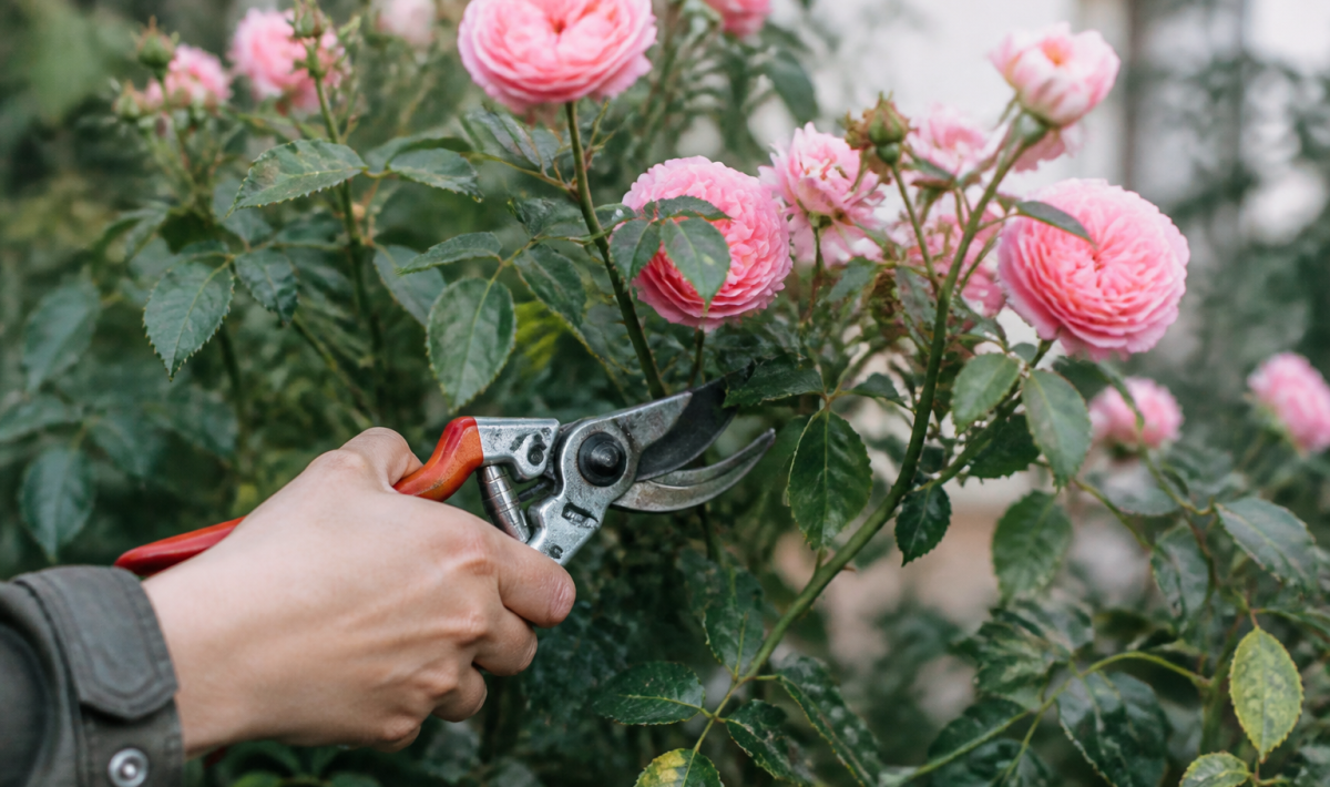 Mains tenant secateurs coupant branches roses fleuries