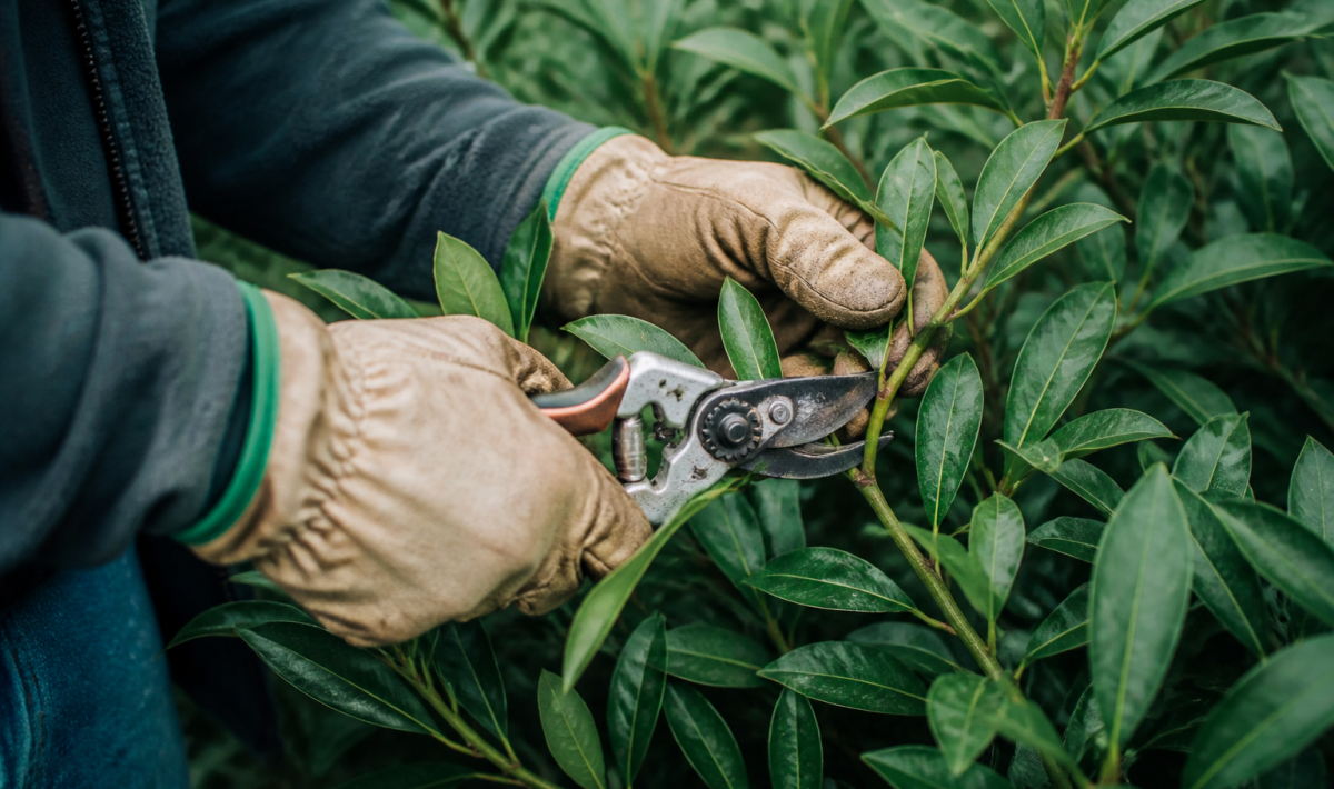 Mains gantees tenant secateurs actifs sur branches laurier dense