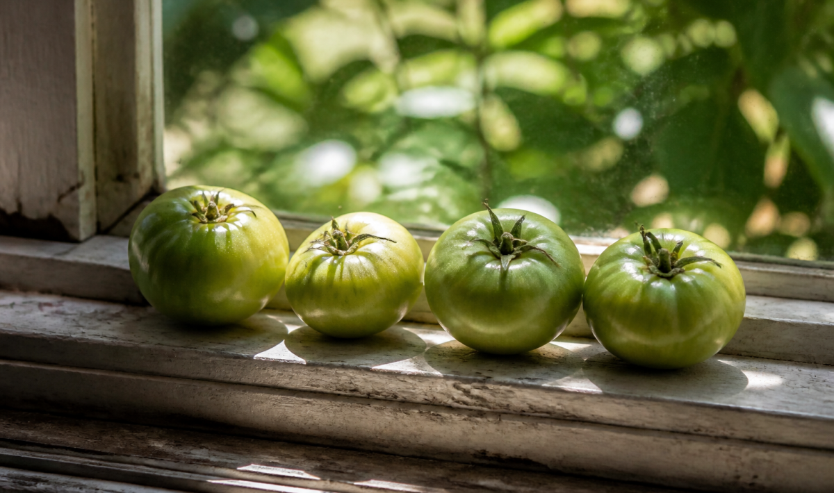 Tomates vertes posees sur rebord fenetre ensoleille
