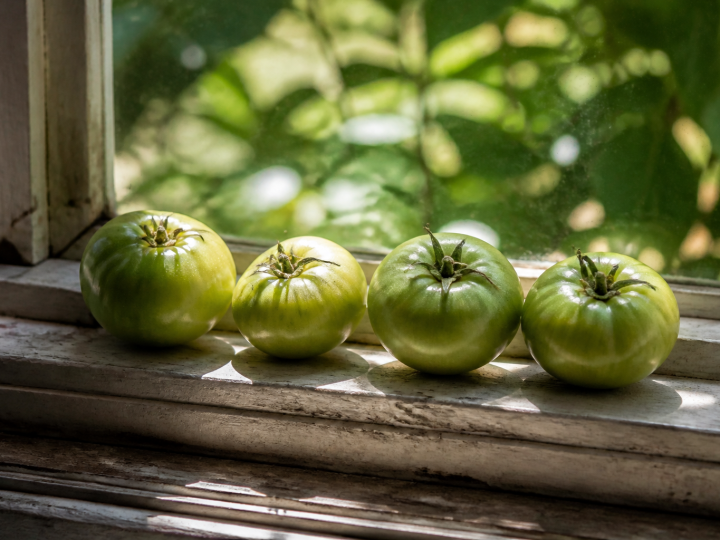 Tomates vertes posees sur rebord fenetre ensoleille