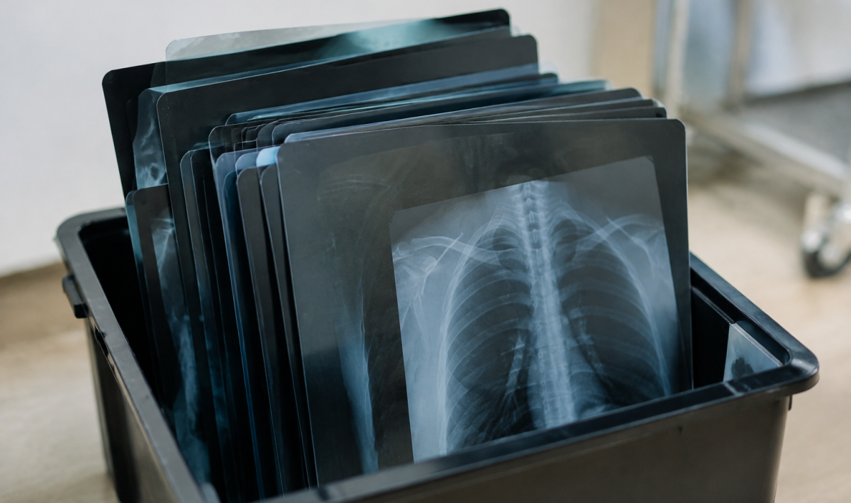 Radiographies medicales debout empilees dans bac noir