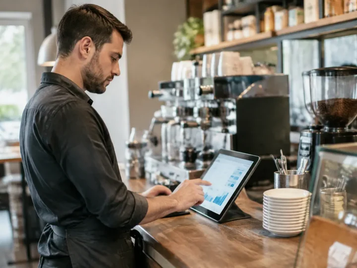 Gerant debout devant une tablette affichant des ventes
