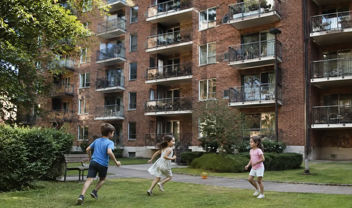Grands immeubles en briques, balcons et enfants jouant devant