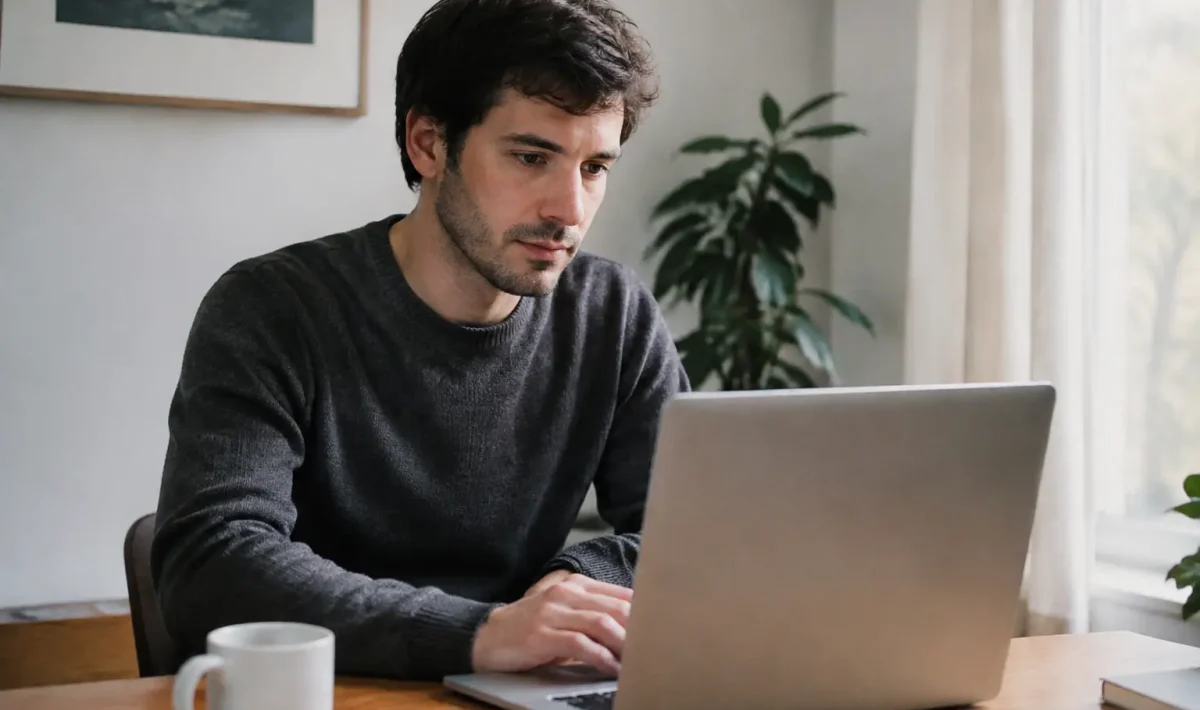 Un homme assis devant un ordinateur portable ouvert