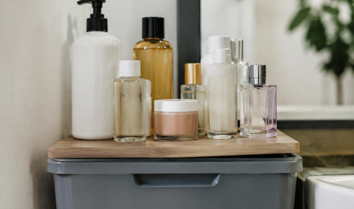Main tenant flacons cosmetiques au dessus bac gris