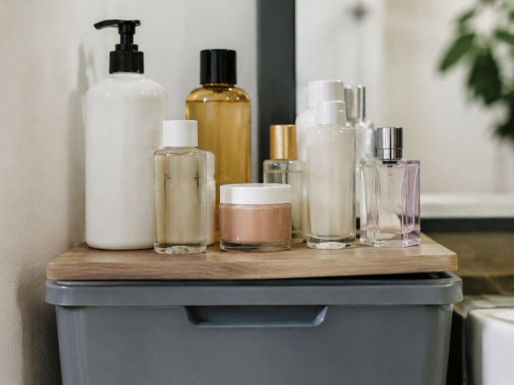 Main tenant flacons cosmetiques au dessus bac gris