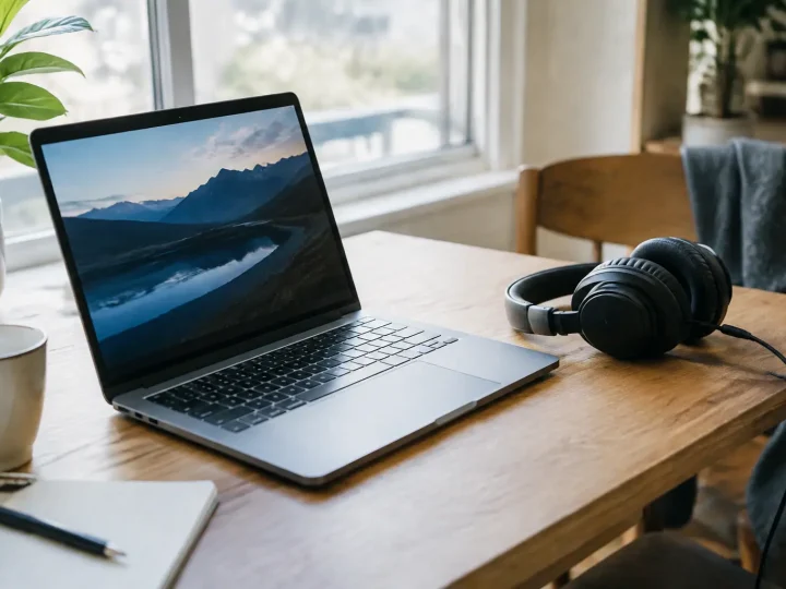 Ordinateur portable ouvert sur un bureau avec casque audio