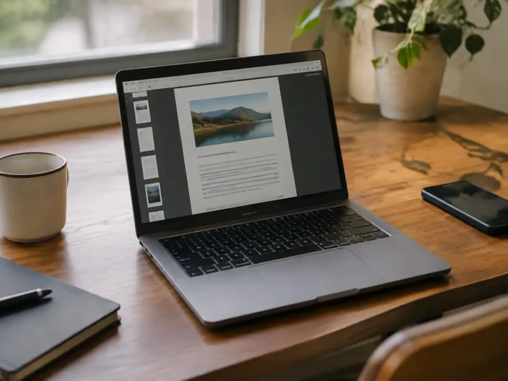 Ordinateur portable ouvert affichant un document PDF sur bureau