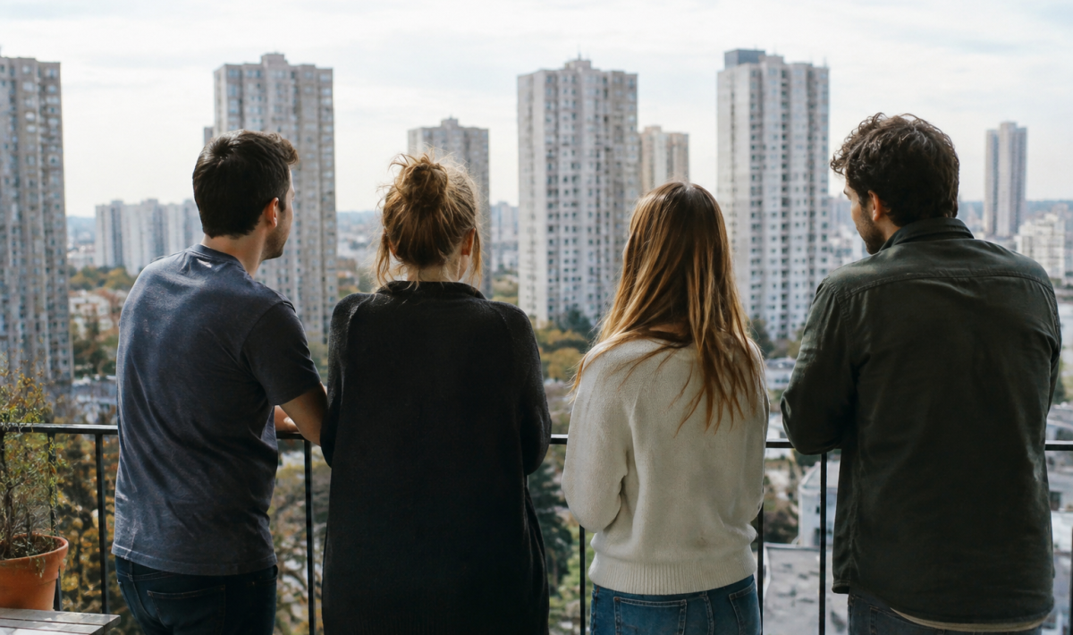 Quatre personnes debout sur un balcon face aux tours