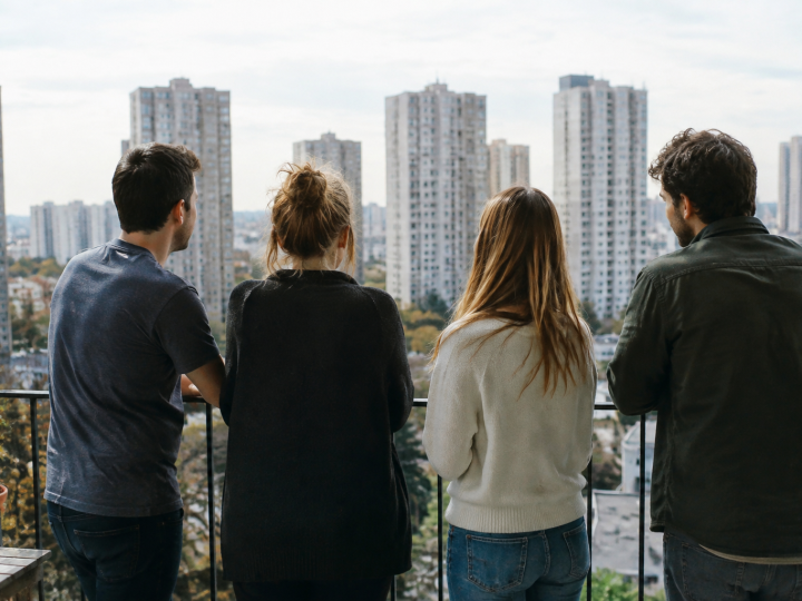 Quatre personnes debout sur un balcon face aux tours