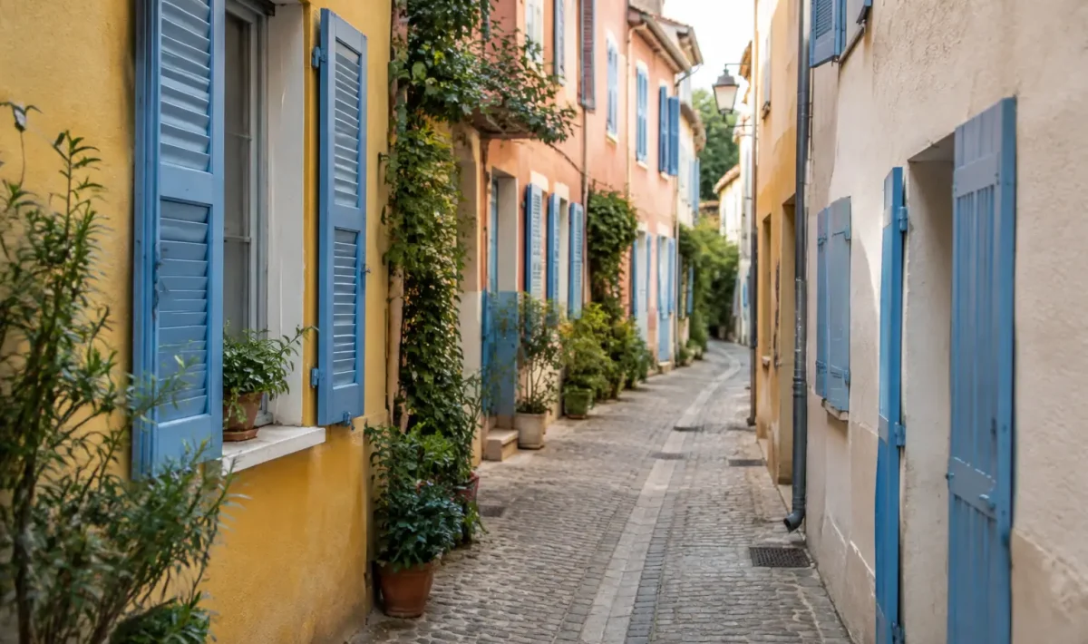 Rue etroite bordee de maisons colorees aux volets bleus