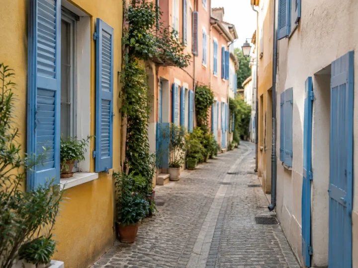 Rue etroite bordee de maisons colorees aux volets bleus