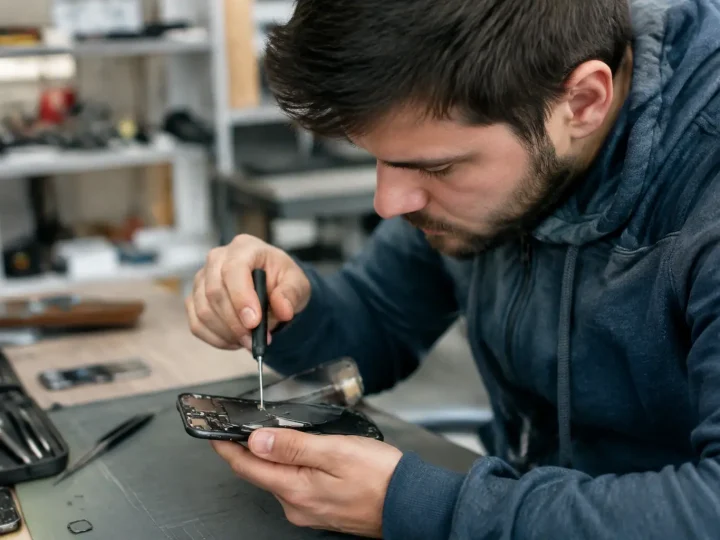 Technicien tient un smartphone ouvert avec tournevis