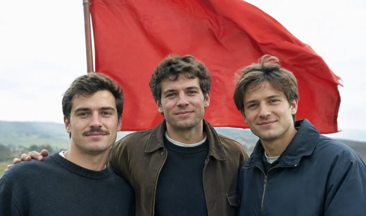 Trois amis debout devant un drapeau rouge