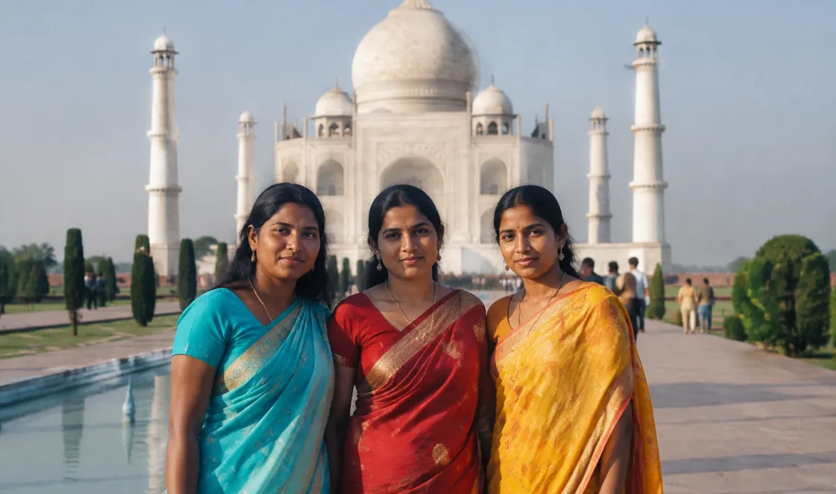 Trois femmes en sari debout devant le Taj Mahal