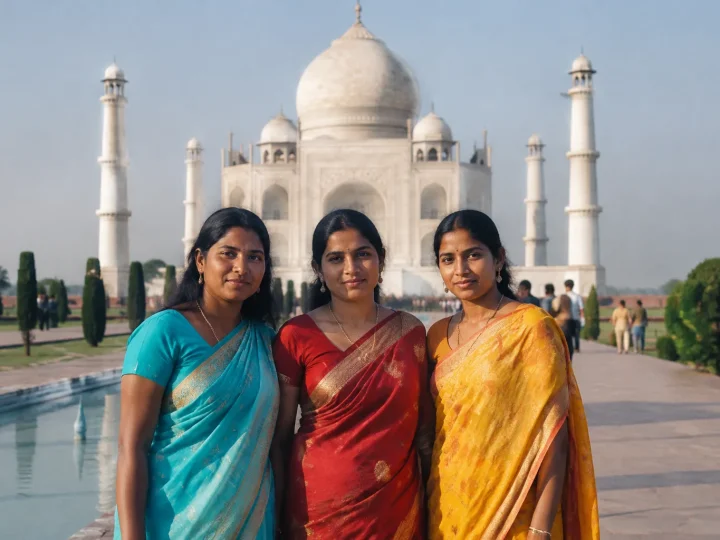 Trois femmes en sari debout devant le Taj Mahal